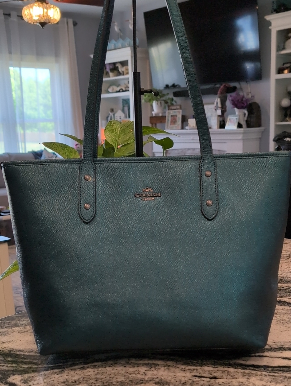 Coach Metallic Dark Teal Saffiano Leather Tote W/Gunmetal Logo